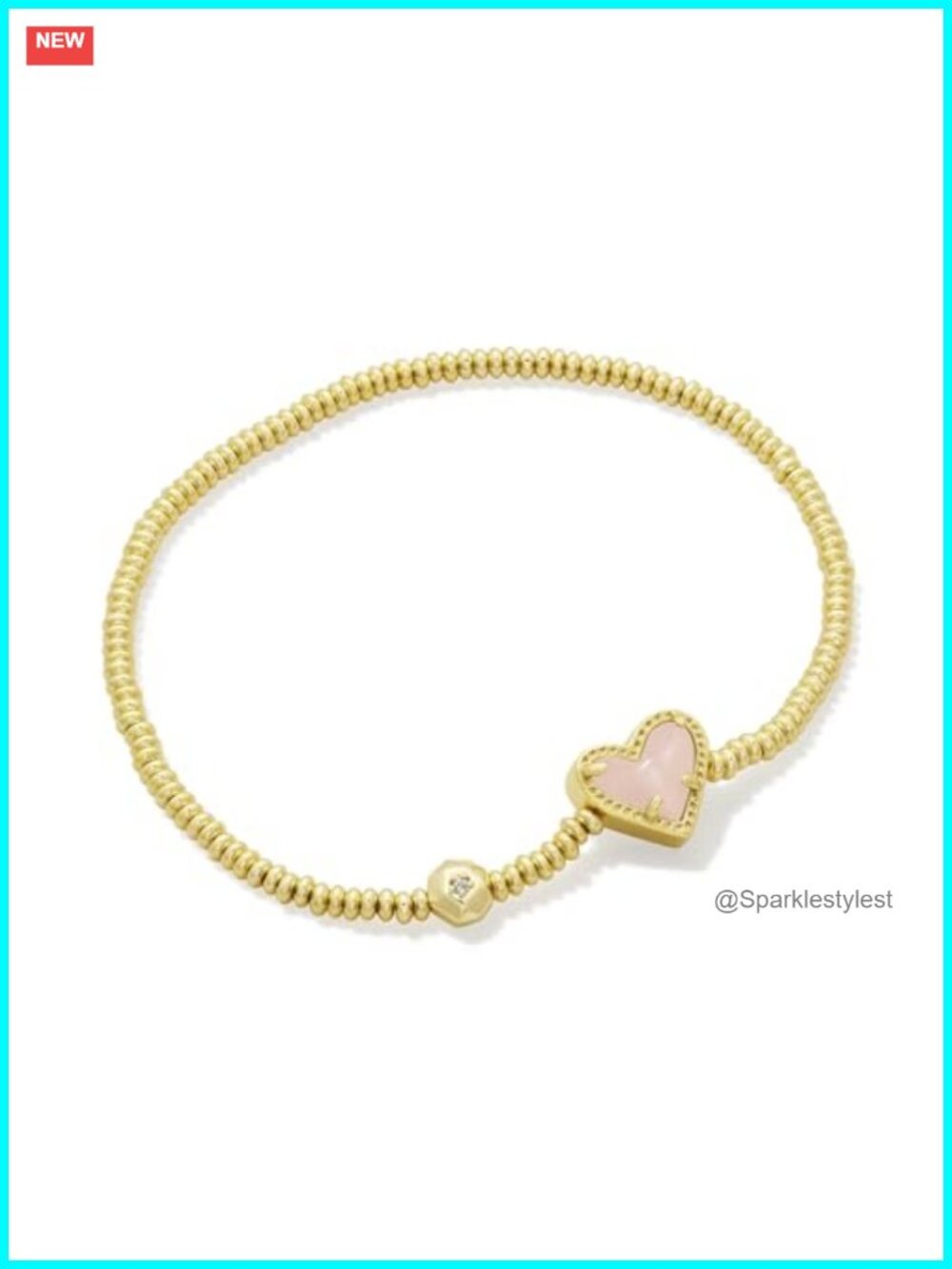 14k Yellow Gold Over Brass Heart Stretch Bracelet Rose Quartz Station